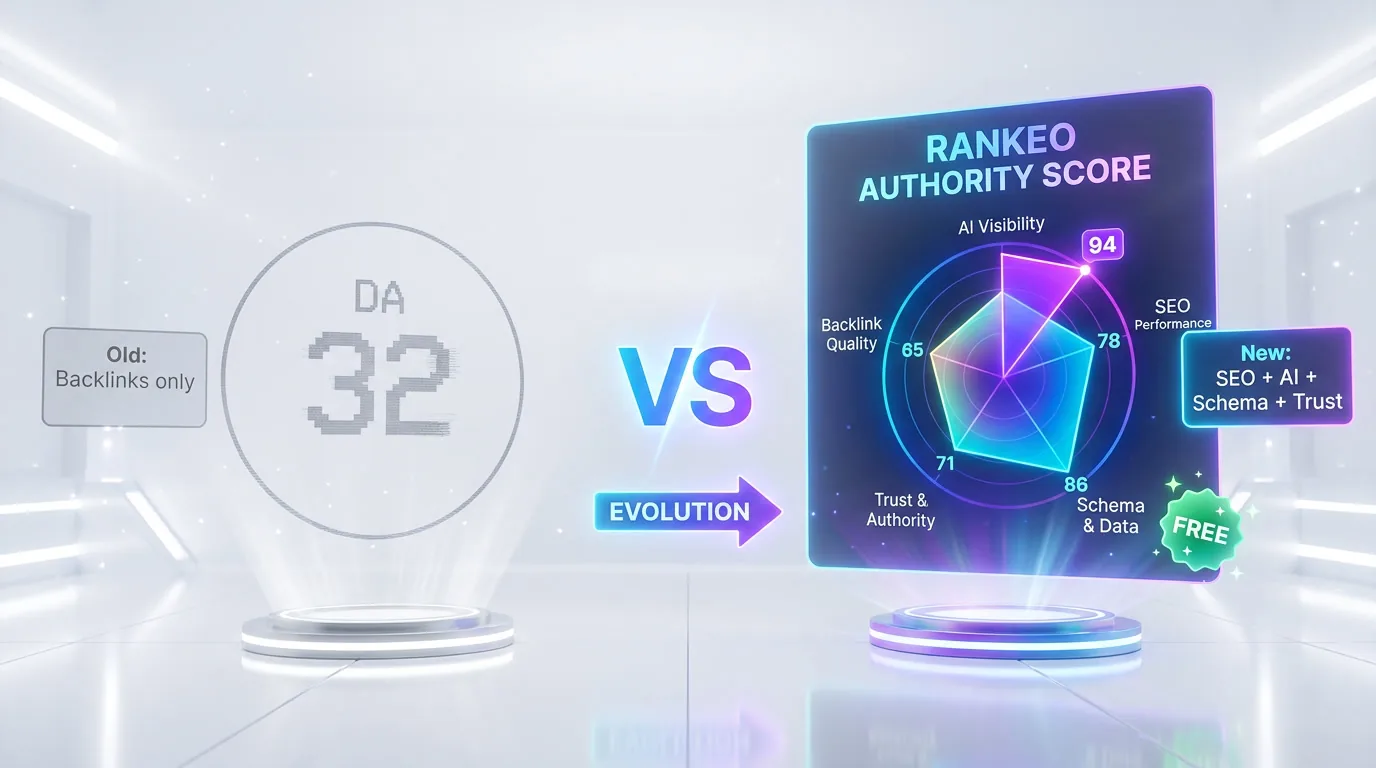 Domain Authority vs Rankeo Authority Score comparison showing 5-dimension analysis