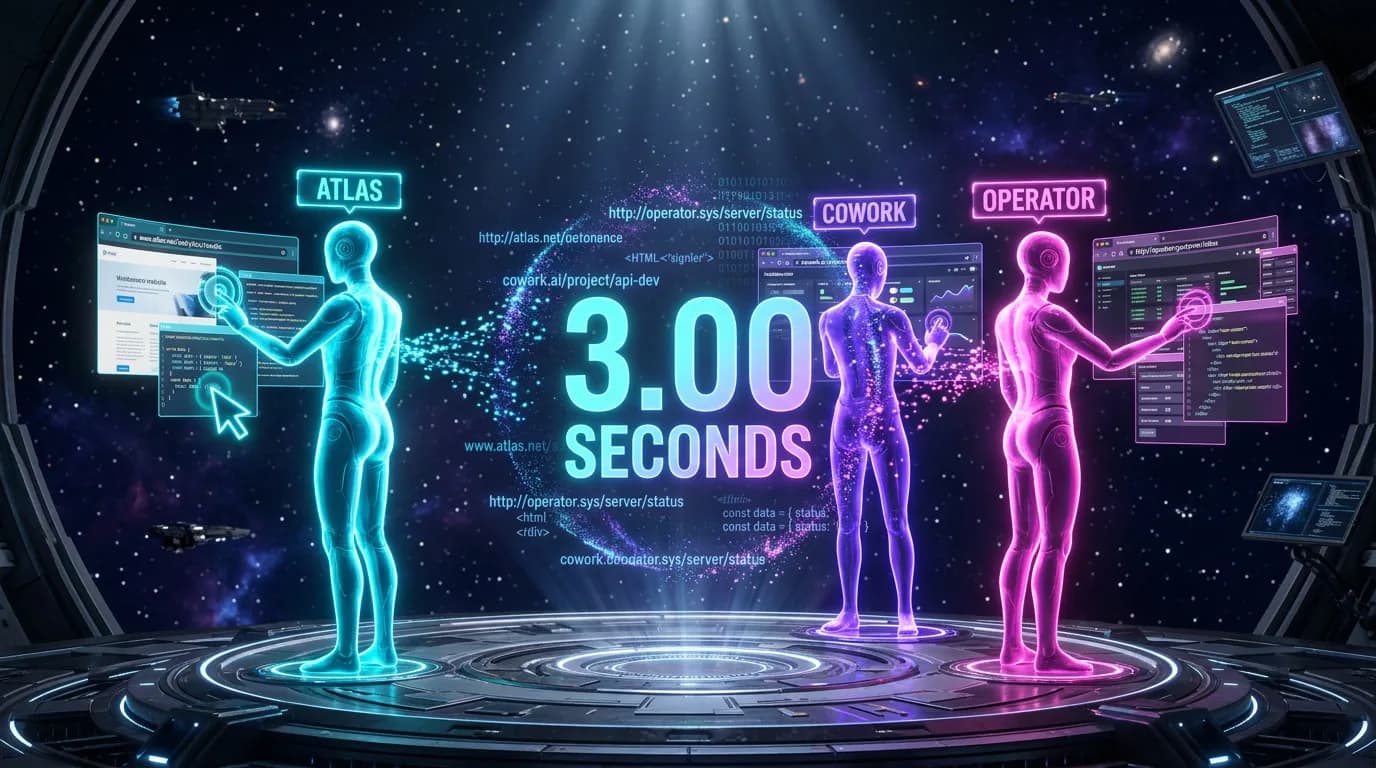 AI Agent SEO control room — three luminescent humanoid agents (Atlas cyan, Cowork violet, Operator magenta) browsing holographic browser windows in deep space, with 3-second decision countdown timer