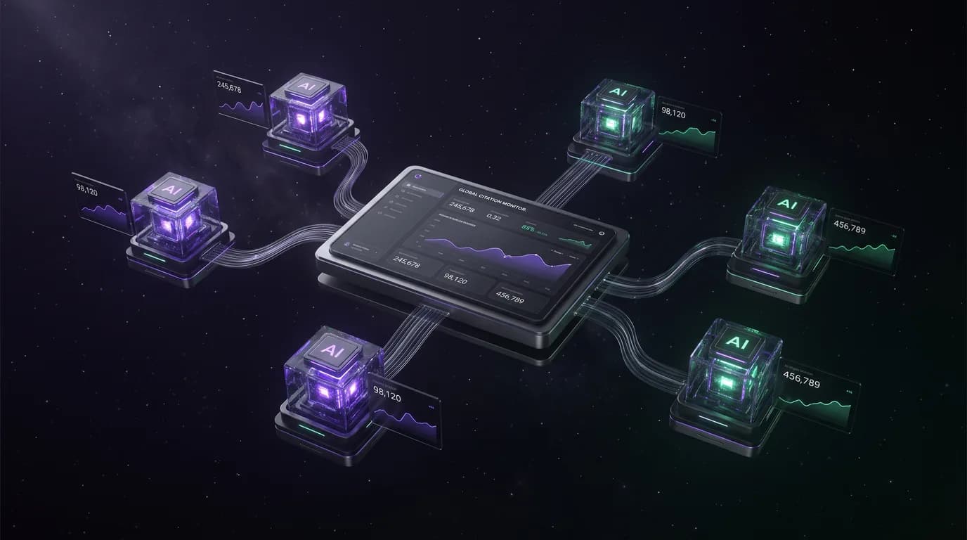 AI citation tracking — a 3D render of a brand node monitored across five AI engine dashboards, each emitting citation beams tracked over time on a monitoring timeline