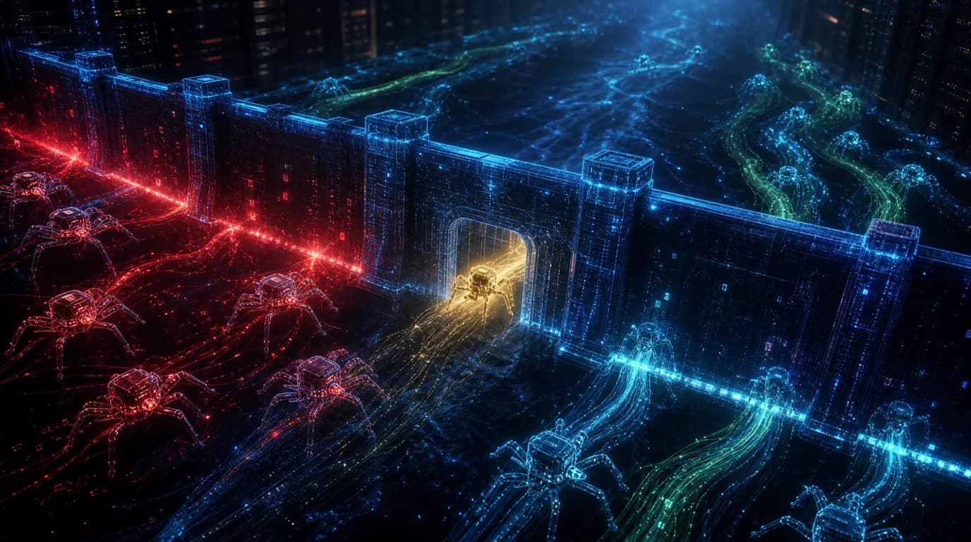 Diagram of the AI crawler toll era — a tollbooth in front of a website charging AI crawler bots an HTTP 402 fee, while AI answer engines still cite the site behind the gate, illustrating that blocking crawlers is a billing decision, not a visibility one