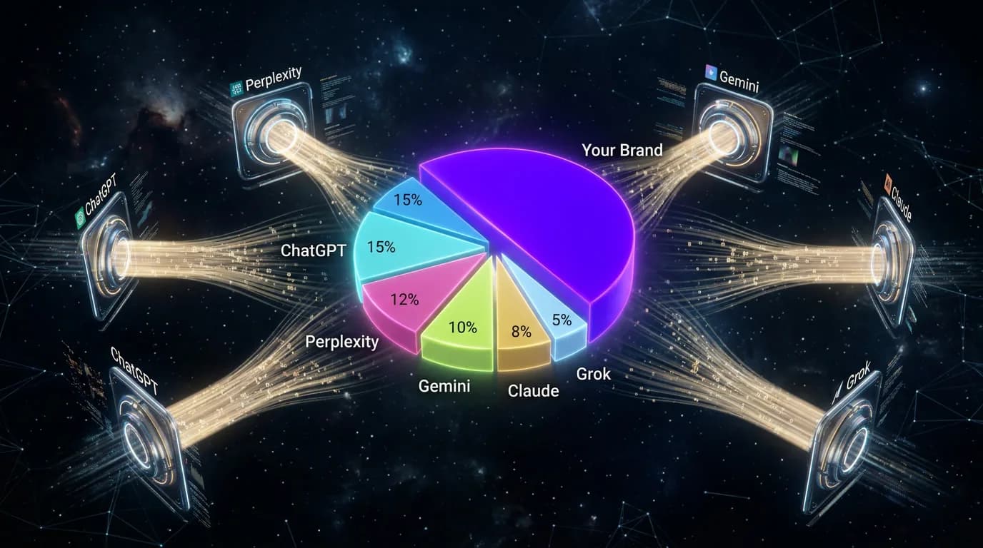 AI Share of Voice 3D dashboard — futuristic competitive landscape visualization showing five AI engine interfaces (ChatGPT, Perplexity, Gemini, Claude, Grok) emitting branded mention beams that aggregate into a glowing pie chart at the center, where one violet slice (your brand) sits next to four competitor slices in different colors, deep obsidian background with electric violet, cyan, and gold accents