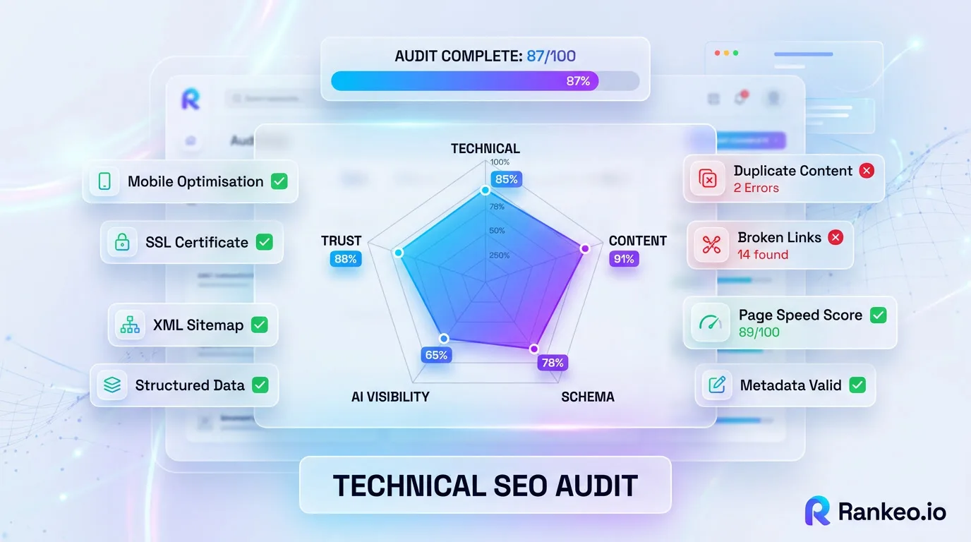 AI visibility audit dashboard showing brand mention scores across ChatGPT, Perplexity, and Gemini with a 5-minute self-check interface