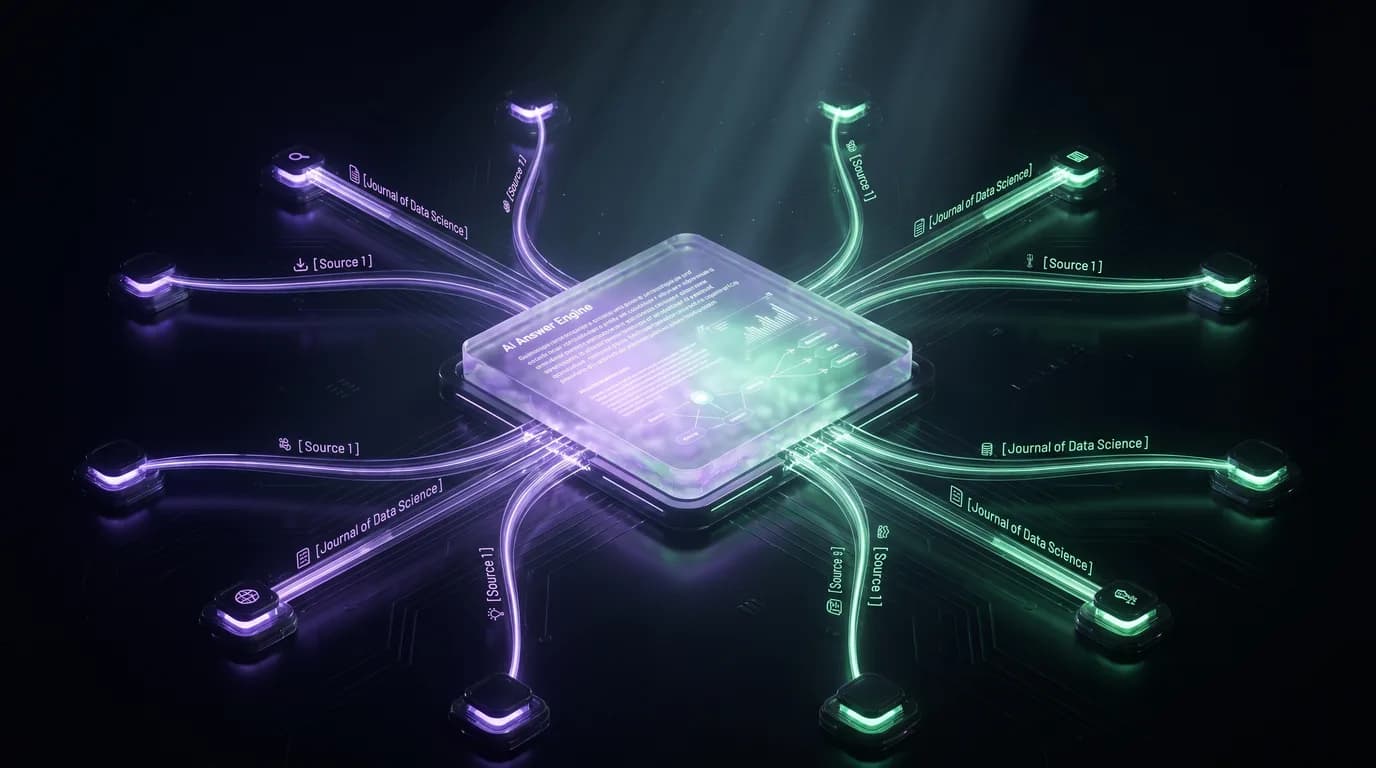 Answer Engine Optimization (AEO) — a 3D render of a brand source node feeding structured, well-cited content into answer engines that return a single synthesized answer with the brand named as a source