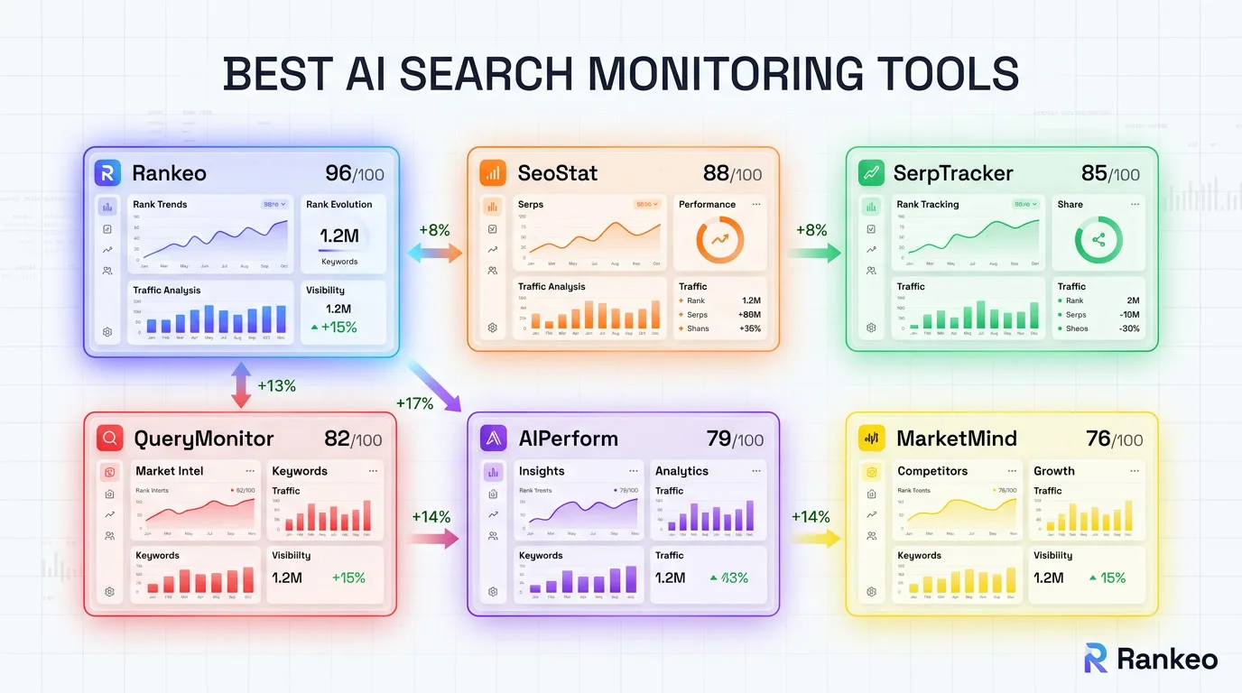 Futuristic dashboard comparing 8 AI search monitoring tools with feature matrices and pricing cards side by side
