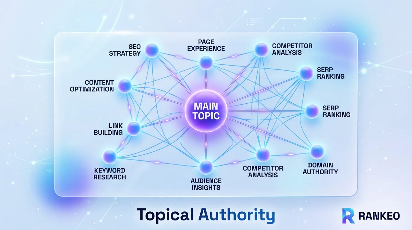 Holographic authority shield icon surrounded by backlink nodes, content pillars, and trust signal badges for website authority building
