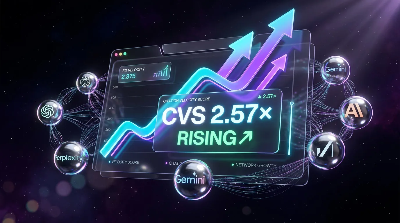 Citation Velocity Score dashboard showing the rising zone — Rankeo proprietary GEO metric that predicts AI citations 60-90 days ahead