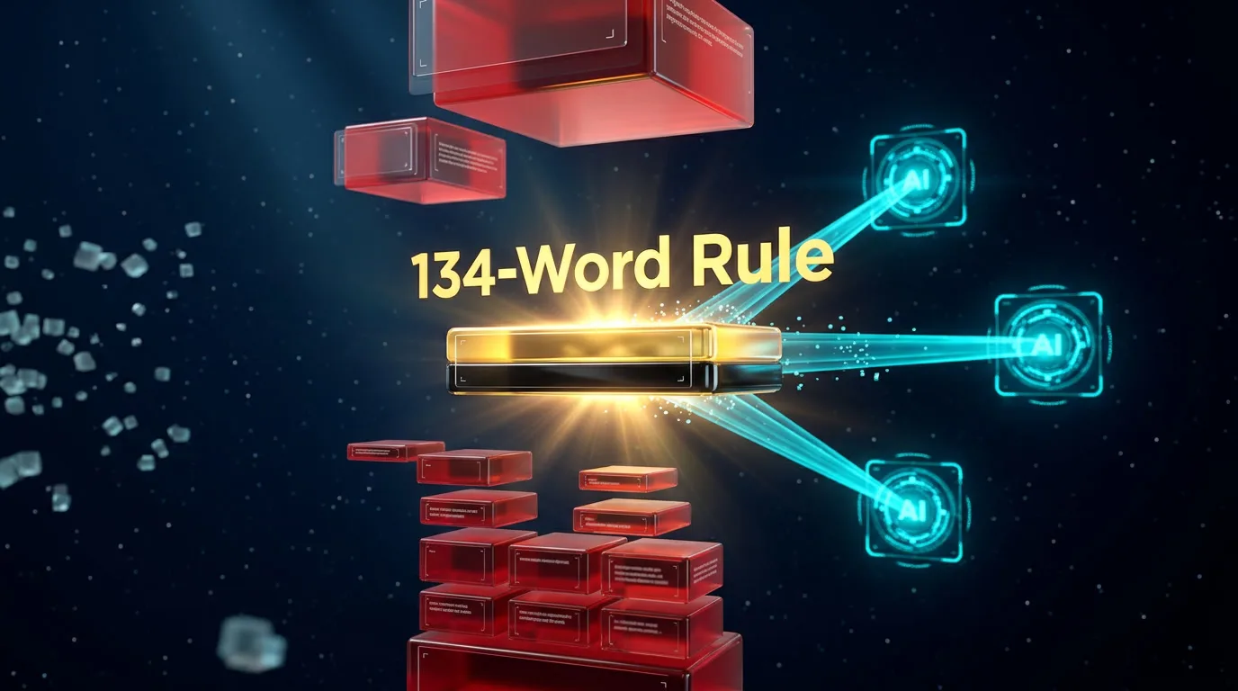 134-word rule visualization — 3D render of a holographic editor showing translucent paragraphs of varying sizes floating in vertical stacks, color-coded by citation rate (red for under 50 words, yellow for 251+, gold for the 91-160 sweet spot with one paragraph glowing brightly at 134 words being absorbed by AI engine extraction beams), deep navy background with gold focal element and electric cyan rays