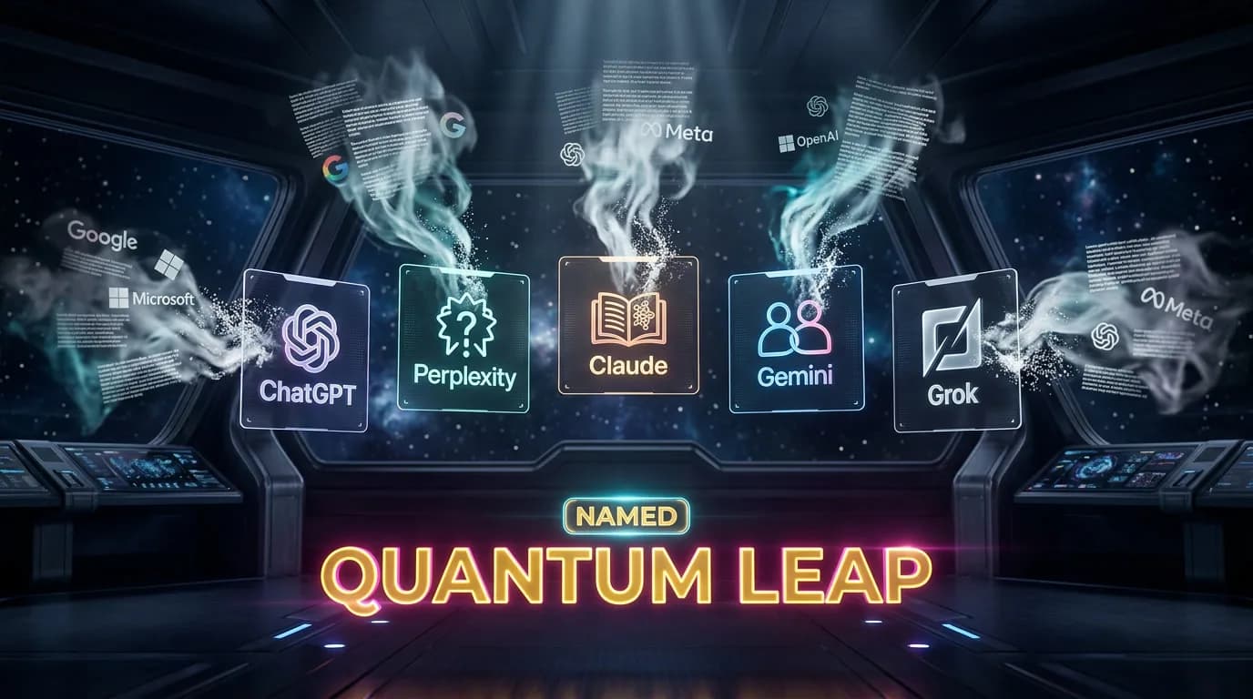 Ghost citation visualization — 3D render of translucent ghostly content fragments being absorbed by AI engine interfaces (ChatGPT, Perplexity, Claude, Gemini, Grok) with brand names dissolving into the void, while one bright anchor term survives with a glowing 'NAMED' badge