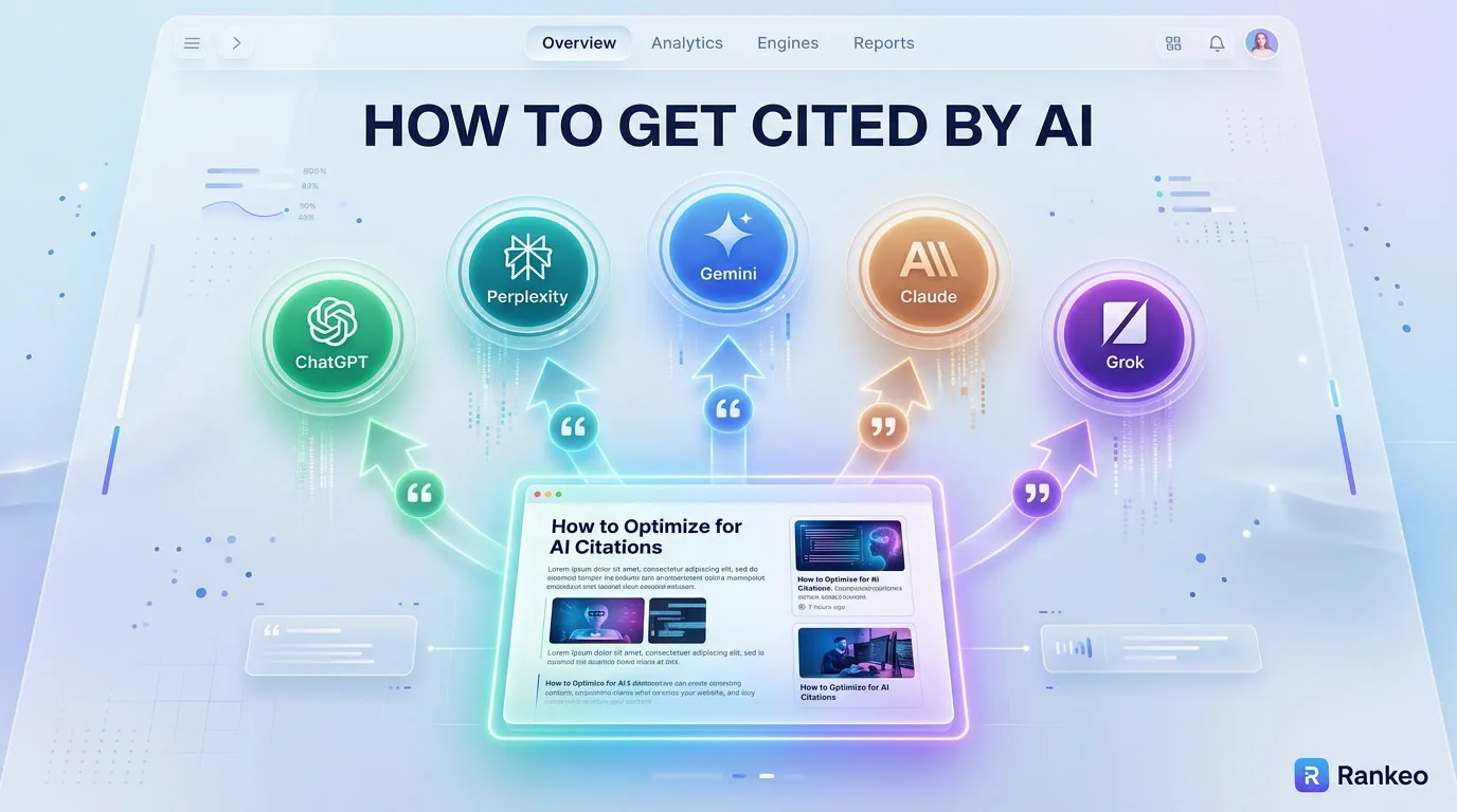 Holographic website page being cited by multiple AI engines with golden citation links connecting to ChatGPT, Perplexity, and Gemini
