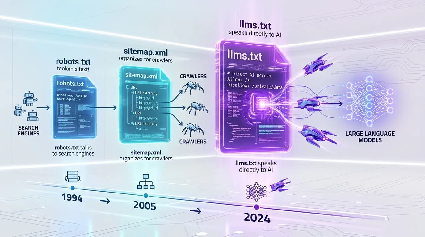 Futuristic file system visualization showing the llms.txt AI sitemap file evolution with connected AI engine crawler nodes