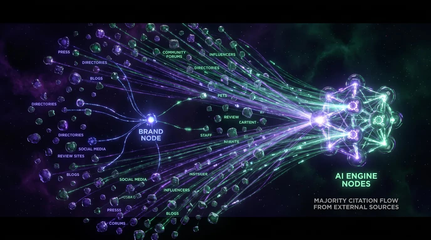 Off-Site GEO — a 3D render of a brand node surrounded by external source nodes (press, community, directories, reviews, listicles) feeding citation beams into AI engines, with a small fraction coming from the brand’s own site
