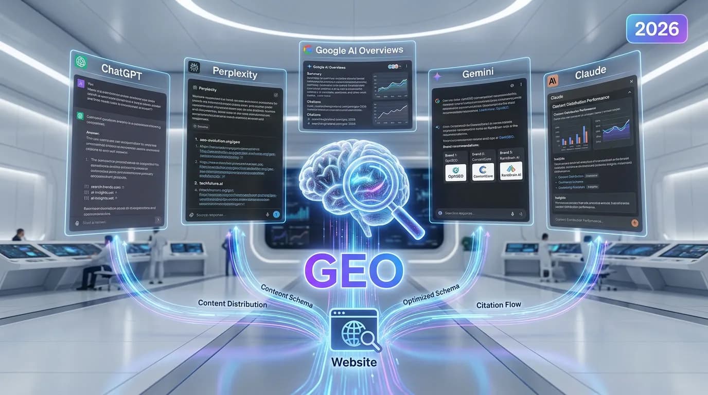 ChatGPT Search and Perplexity AI interfaces showing website citations and ranking signals in a futuristic split-view