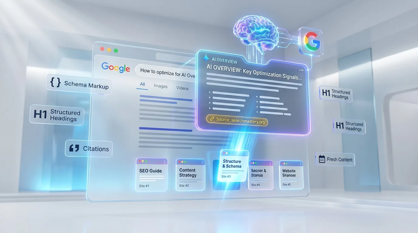 Google AI Overview panel expanding above search results with optimization signals like schema markup, structured headings, and citations highlighted