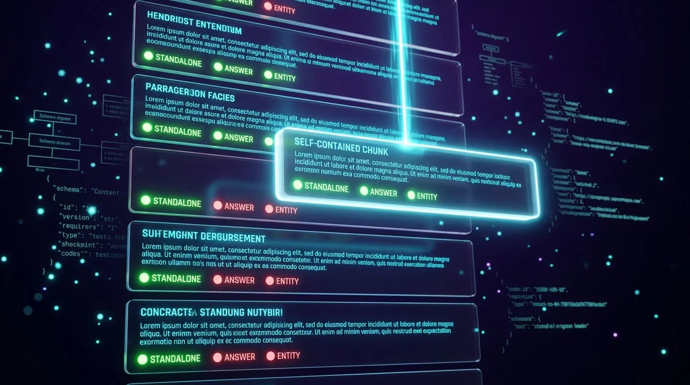 Rankeo Chunk Test 3D visualization — translucent paragraphs floating in a holographic editor with 3 glowing pass/fail criteria checkpoints (semantic standalone, complete answer, named entity), one paragraph being lifted out as a self-contained chunk by an AI extraction beam