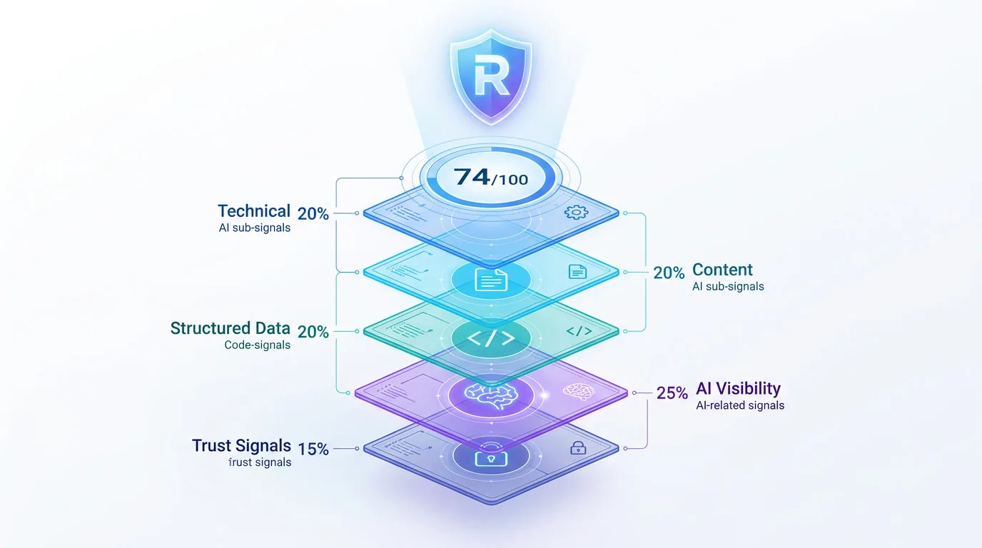 Exploded view diagram showing how the Rankeo Score combines SEO metrics and AI visibility into a single 0-100 unified score