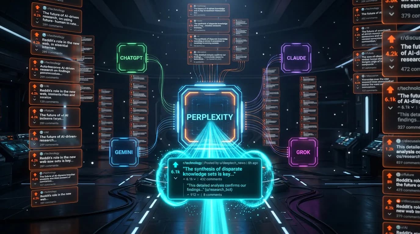 Reddit AI citation hack visualization — 3D render of glowing Reddit thread cards (orange upvote arrows, comment counters) being absorbed by five AI engine interfaces (ChatGPT, Perplexity prominent at center, Claude, Gemini, Grok), with one comment thread highlighted in cyan as it streams into Perplexity's interface, deep navy background with orange and cyan accent particles