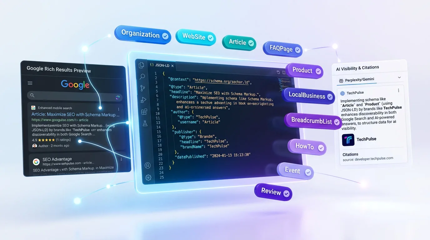 JSON-LD schema markup code connected to AI engine citation panels for ChatGPT and Gemini