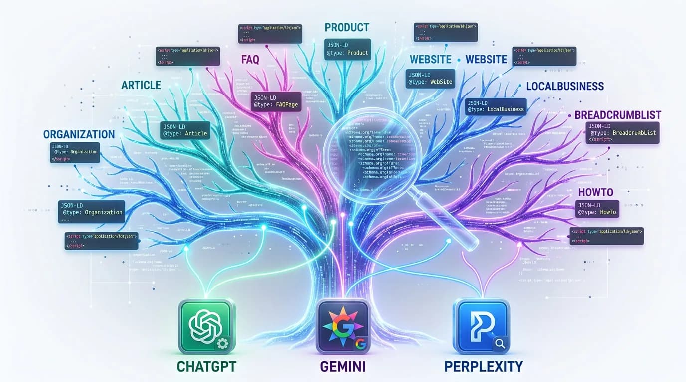 Large holographic JSON-LD code structure with schema.org types connected to Google Rich Results and AI engine citation panels