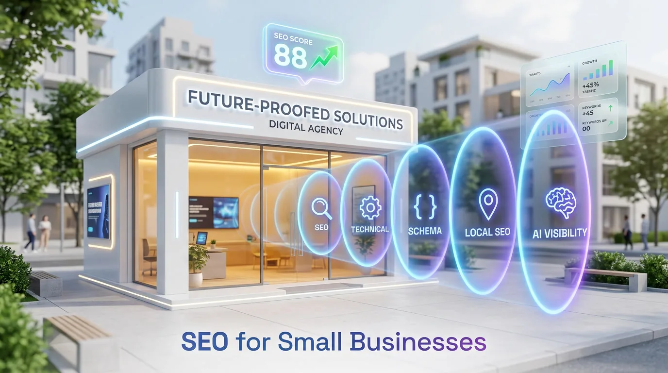 Futuristic small business storefront with glowing digital SEO optimization signals, local search pins, and AI visibility metrics