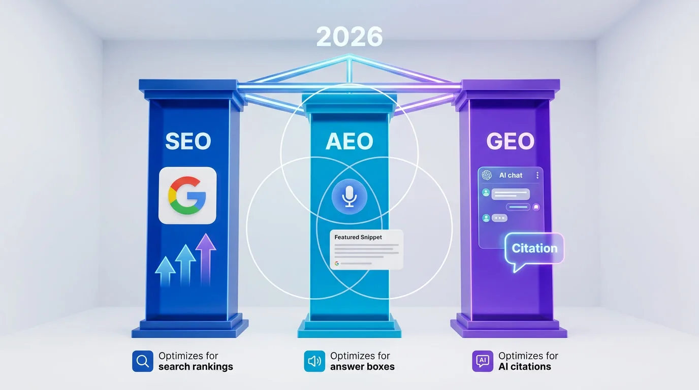 Three futuristic pillars labeled SEO, AEO, and GEO showing the differences between search engine, answer engine, and generative engine optimization
