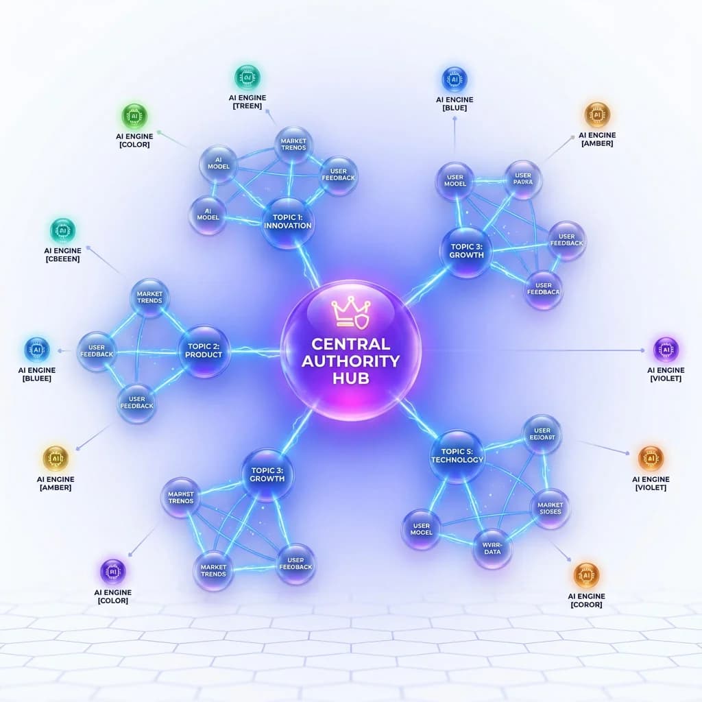 Futuristic 3D scene showing a large central hub node glowing in violet connected to surrounding topic cluster nodes