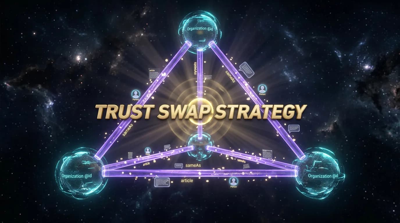 Trust Swap 3D visualization — four glowing domain nodes (Organization entities) suspended in deep space connected by translucent violet sameAs schema beams, with bidirectional content streams flowing between them and a central pulse representing synchronized citation velocity lift across all partners, deep obsidian background with electric violet and gold accents
