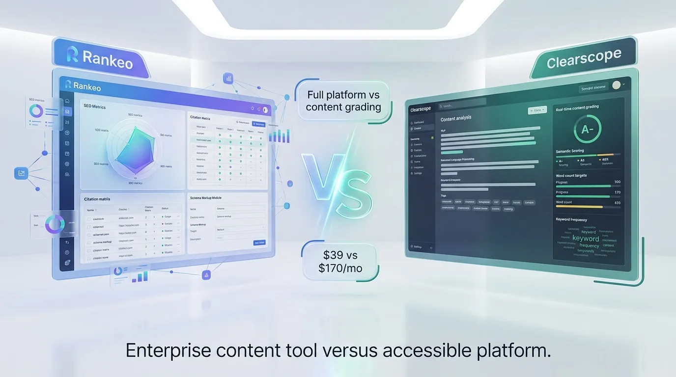 Rankeo vs Clearscope comparison — SEO and AI visibility platform features side by side