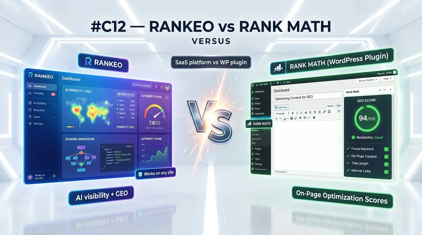 Rankeo vs Rank Math comparison — SEO and AI visibility platform features side by side
