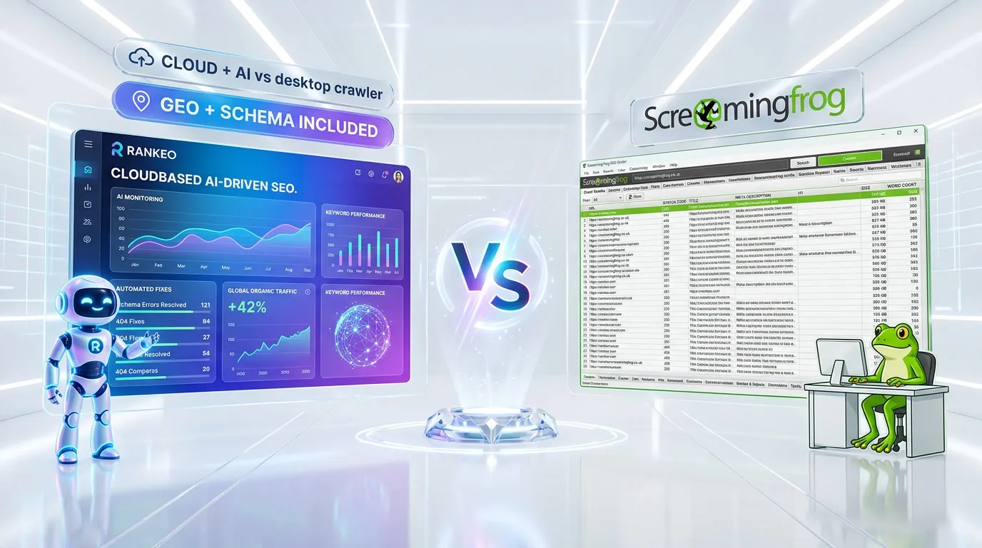 Rankeo vs Screaming Frog comparison — SEO and AI visibility platform features side by side