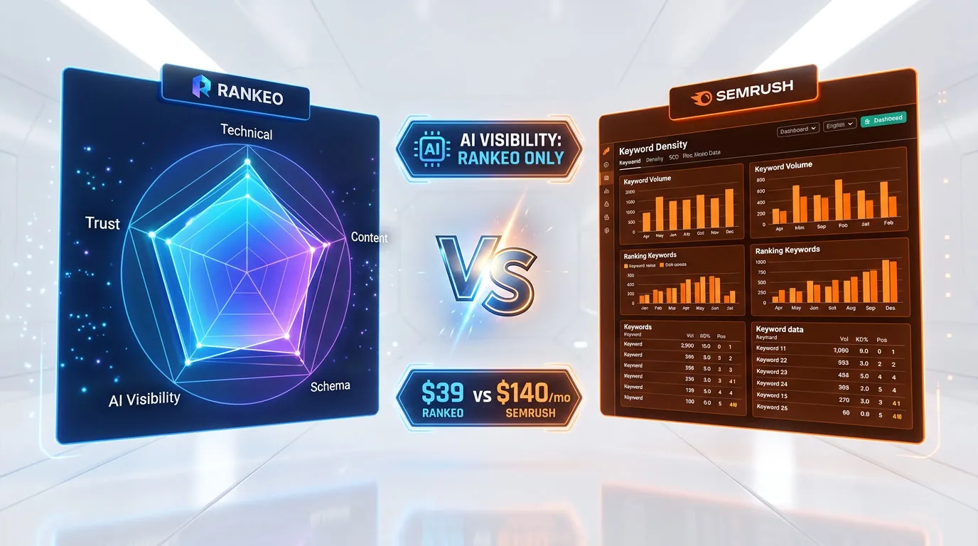 Rankeo vs Semrush comparison — SEO and AI visibility platform features side by side
