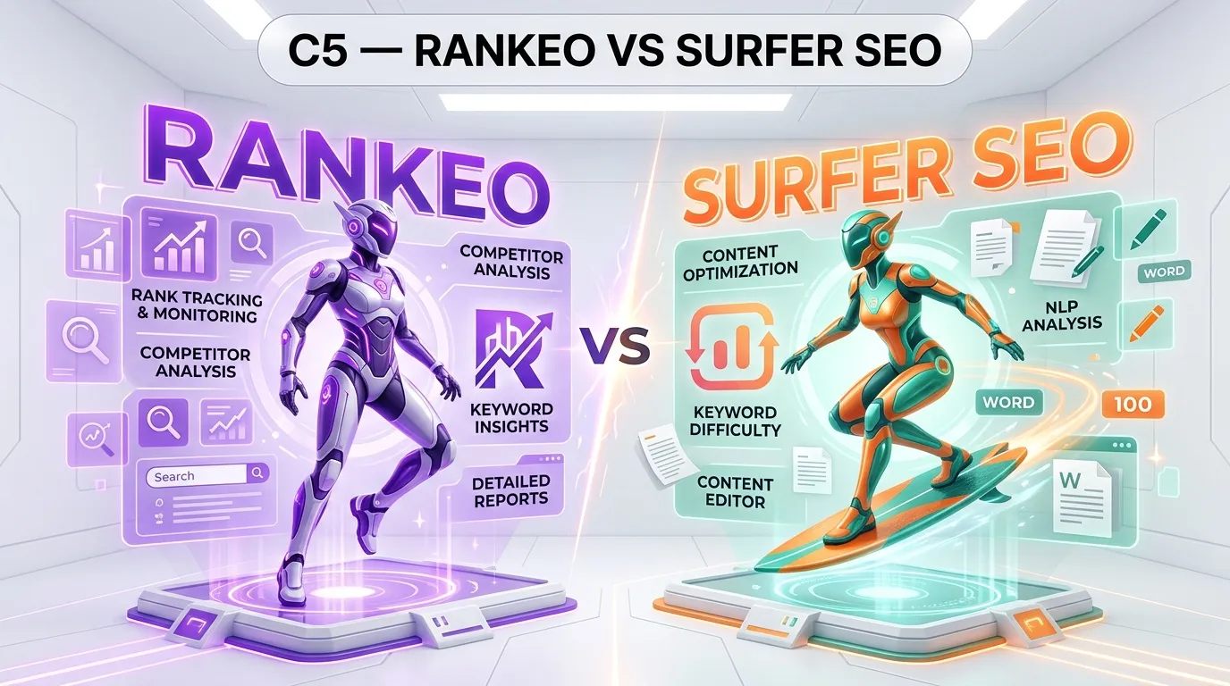 Rankeo vs Surfer SEO comparison — SEO and AI visibility platform features side by side