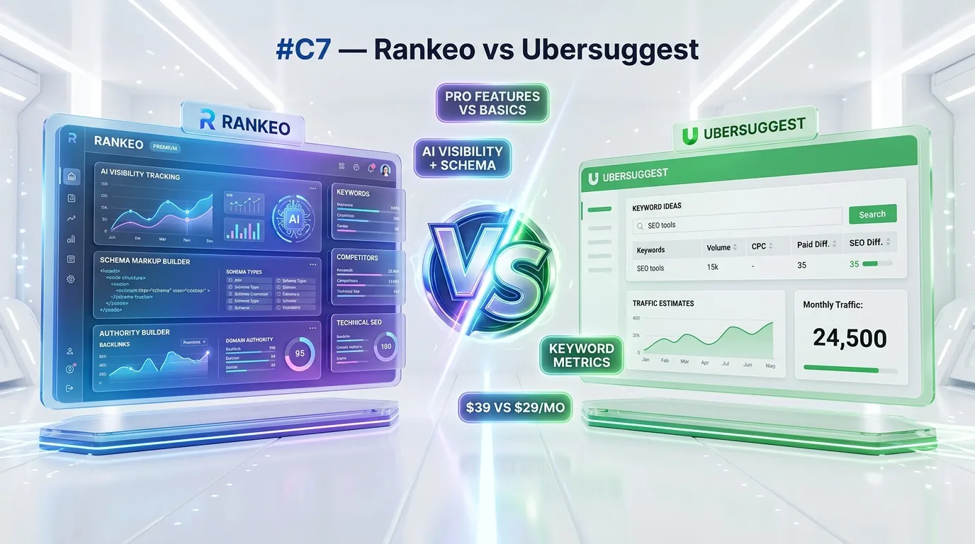 Rankeo vs Ubersuggest comparison — SEO and AI visibility platform features side by side