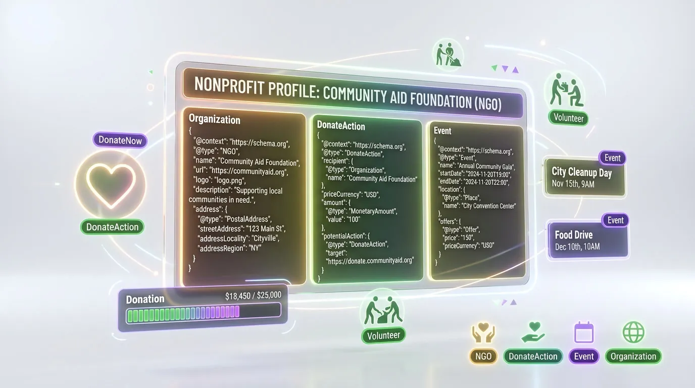 Schema markup guide for Nonprofit — JSON-LD structured data setup for Google Rich Results and AI engine visibility