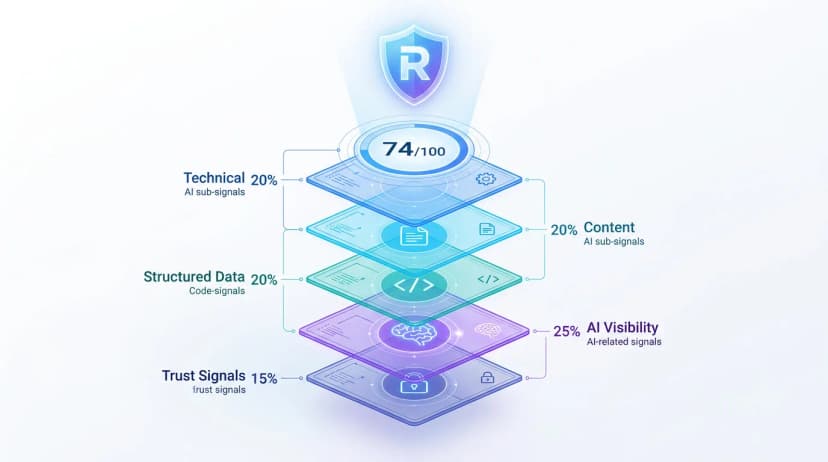 Exploded view of the Rankeo Score showing how SEO and GEO metrics combine into one unified visibility score