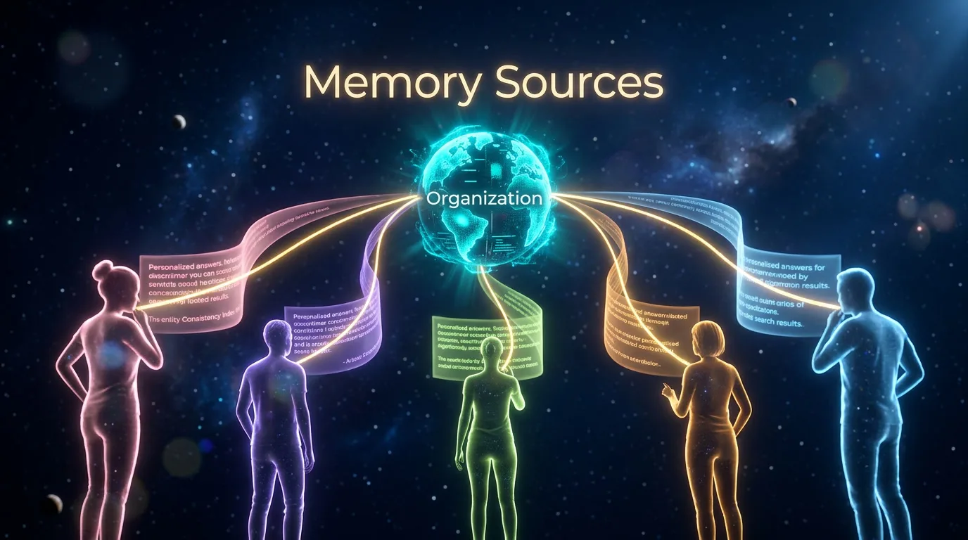ChatGPT Memory Sources visualization — 3D render of a central brand entity (Organization node) emanating 5 different personalized answer streams to 5 user persona silhouettes, with one consistent gold thread (Entity Consistency Index) running through all variants, deep navy background with cyan personalization beams and gold ECI signal