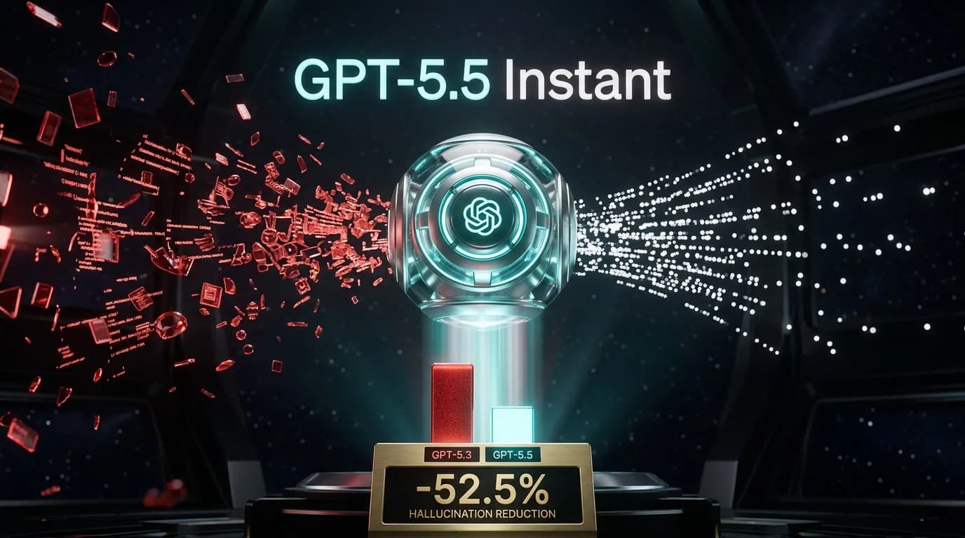 GPT-5.5 Instant launch — 3D visualization of a glowing OpenAI engine with hallucination particles dissolving into clean source citations, against deep space background with cyan and gold accents
