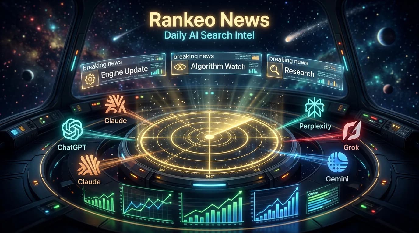Rankeo News intelligence command center — pulsing radar surrounded by 5 AI engine signals (ChatGPT, Claude, Perplexity, Gemini, Grok) with holographic breaking news tickers and citation trend graphs, deep cosmic space with gold and cyan accents