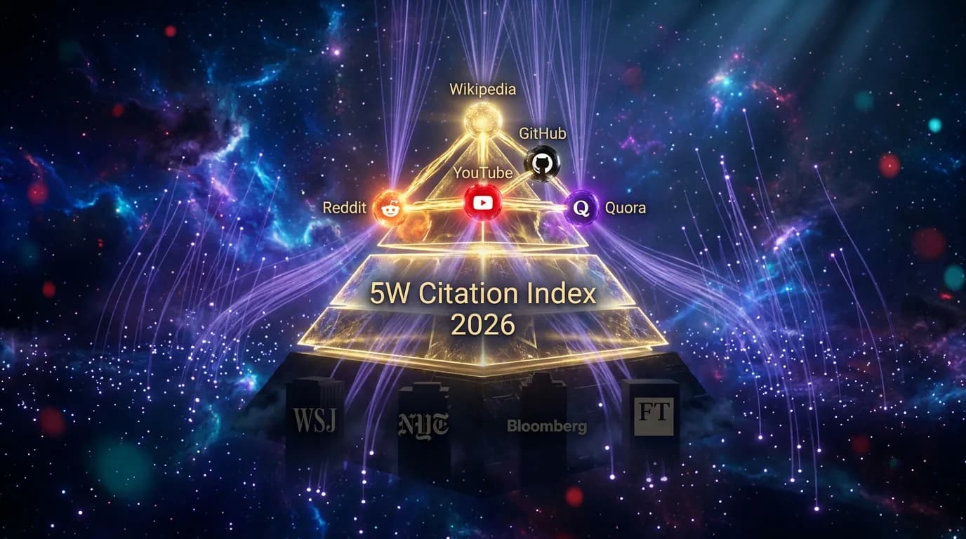 5W Citation Source Index visualization — 3D pyramid showing top 15 AI citation sources (Reddit, Wikipedia, etc.) glowing at the apex while WSJ, NYT, Bloomberg silhouettes fade in the shadows below, deep obsidian background with violet and gold accents