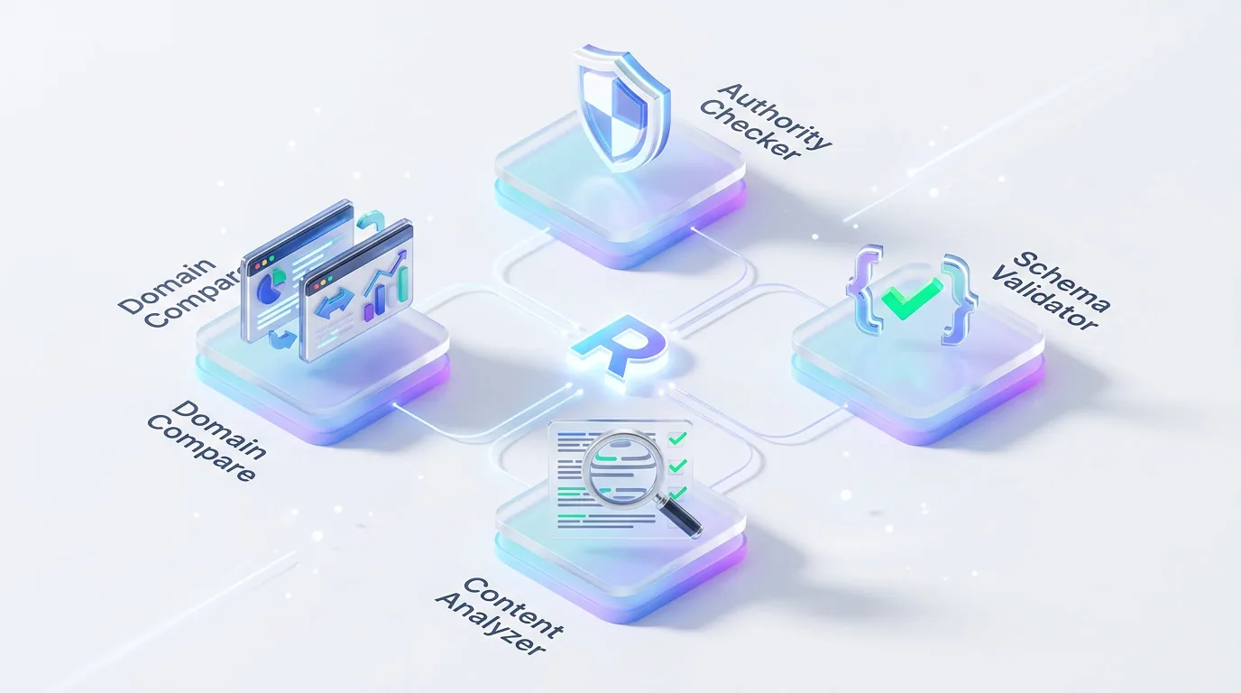 Four free SEO tools: Authority Checker, Domain Compare, Schema Validator, and Content Analyzer