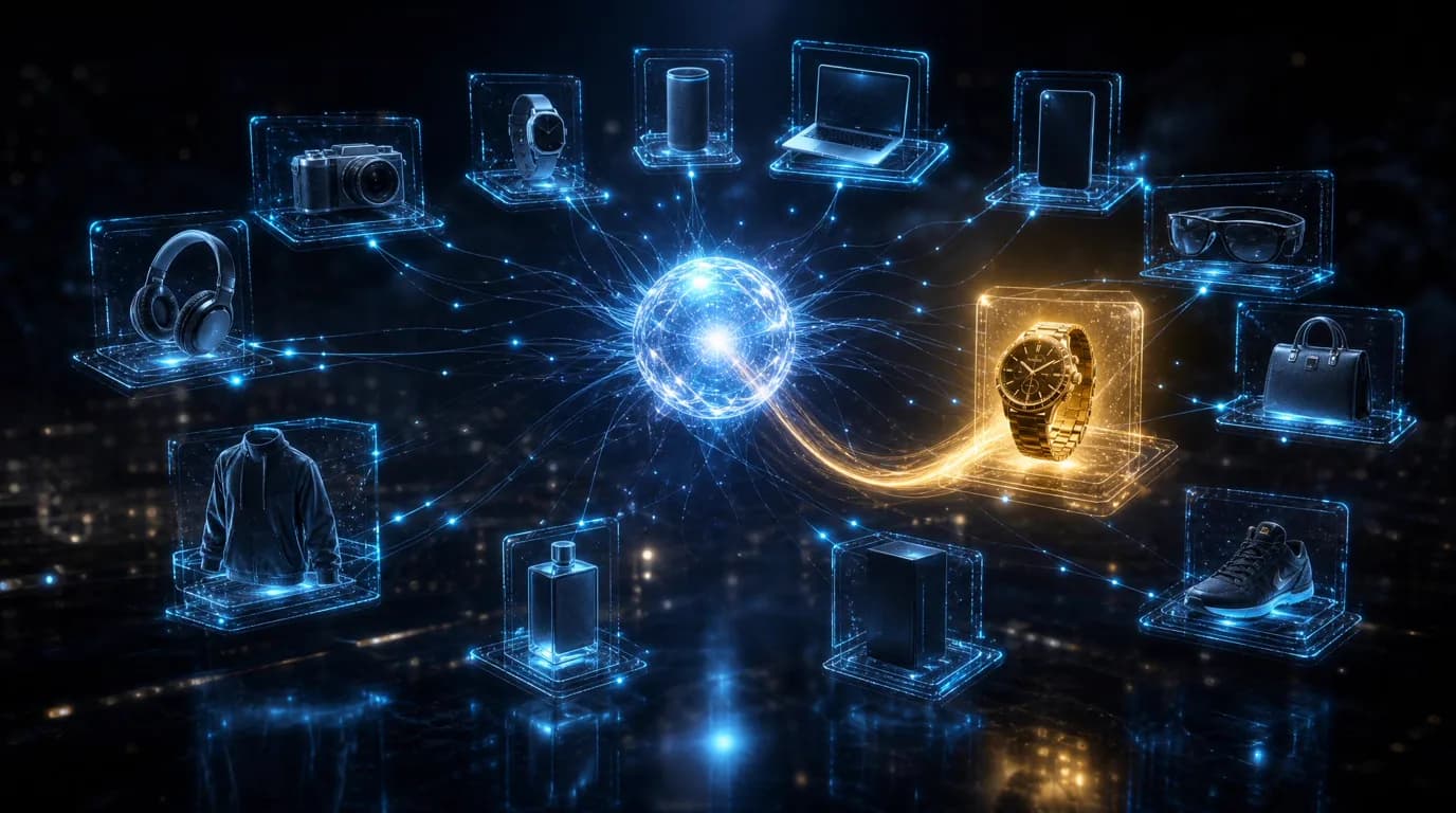 Agentic commerce SEO — an AI shopping agent comparing product pages and completing checkout on a shopper’s behalf inside ChatGPT, selecting the store whose Offer schema exposes price, availability, return policy and shipping details, illustrating how machine-readable product data wins the sale
