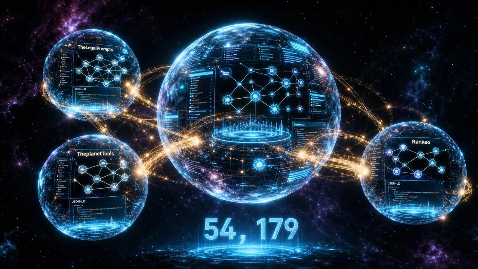 Owned 4-site portfolio AI citation compounding 3D visualization — four glowing domain nodes labeled DealPropFirm, TheLegalPrompts, TheplanetTools, and Rankeo suspended in cosmic deep space, translucent citation flux trails flowing between them, deep obsidian and navy background with electric cyan, violet, and gold accents