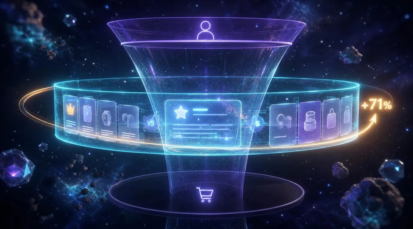 AI Overviews coming for commercial queries — a funnel where an AI Overview panel expands into the middle research-and-compare stage (best X, X vs Y) while the bottom buy-now stage stays clear, illustrating that AI Overviews grew on commercial-intent queries but not pure transactional ones