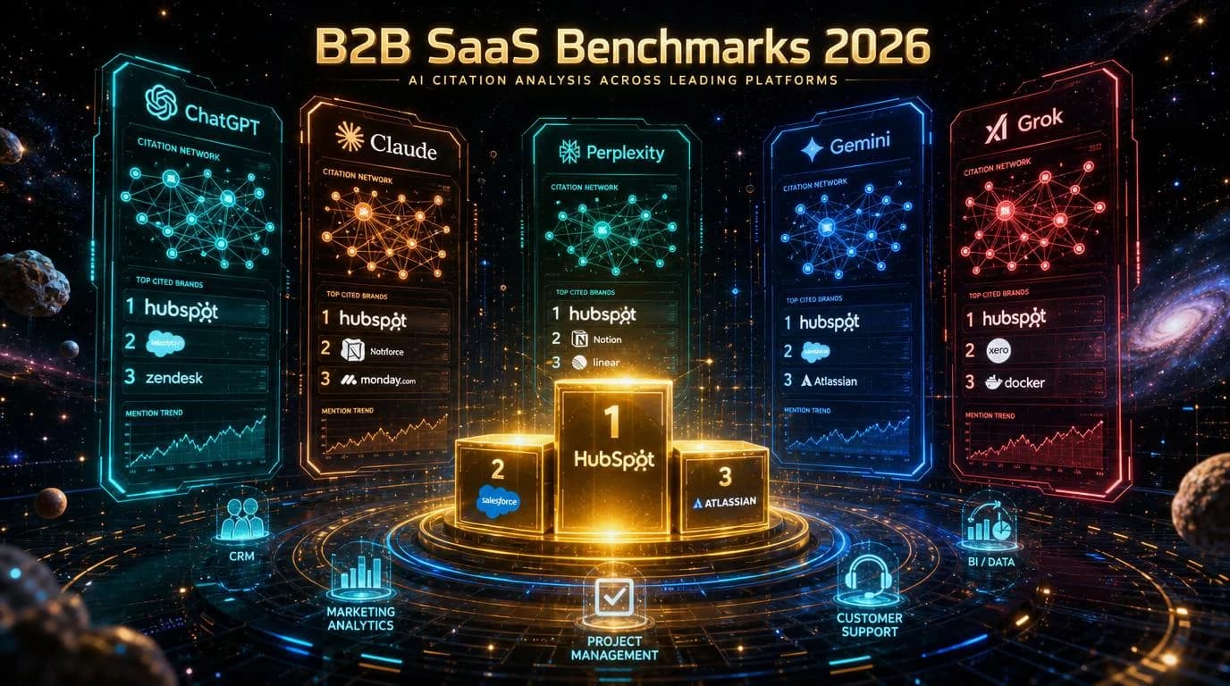 B2B SaaS Citation Benchmarks 2026 — 3D dashboard with five AI engine comparison panels (ChatGPT, Claude, Perplexity, Gemini, Grok) and a floating leaderboard showing top SaaS brand citation share rankings, deep navy background with violet and gold accents