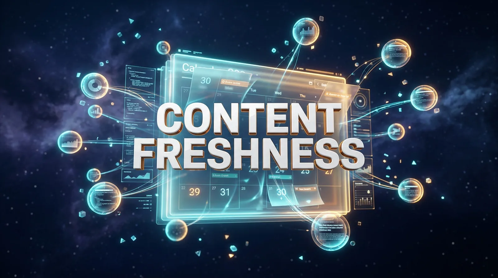 Content Freshness — 3D render of a glowing calendar interface with pages flipping and refreshing, surrounded by orbiting AI citation bubbles