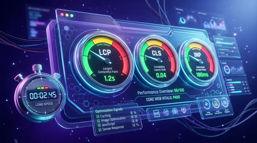 Core Web Vitals dashboard showing LCP, CLS, and INP metrics with performance optimization signals