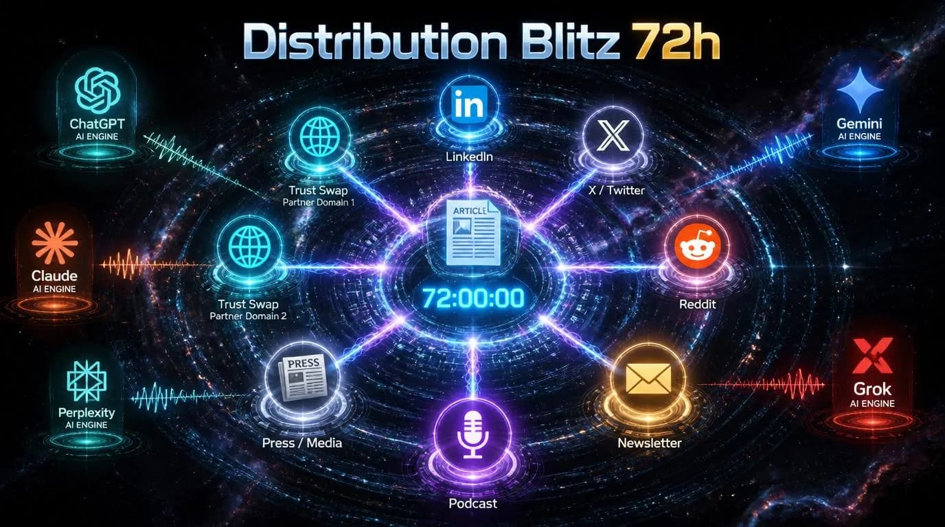 Distribution Blitz 72h 3D visualization — central anchor article emitting 8 synchronized beams to 8 touchpoints arranged in clockface, central 72h countdown, AI engine silhouettes in periphery detecting the synchronized burst, deep navy with cyan and gold accents