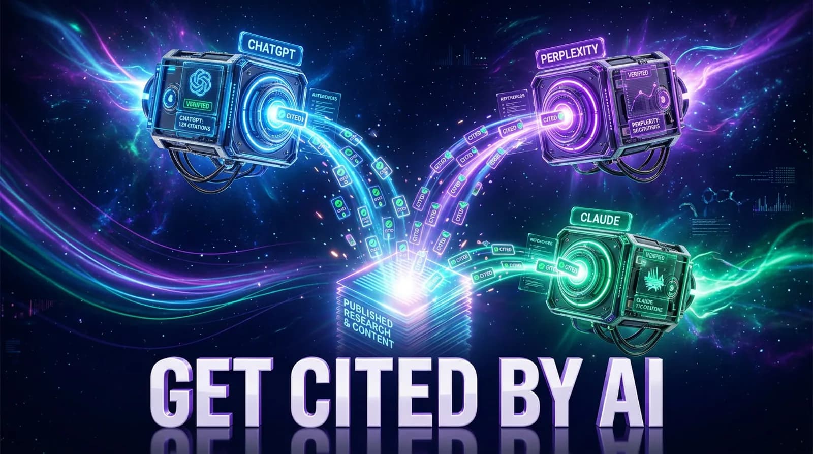 How to get cited by ChatGPT, Perplexity, and Claude — 3D render of three AI engine interfaces pulling citation badges from a structured content source