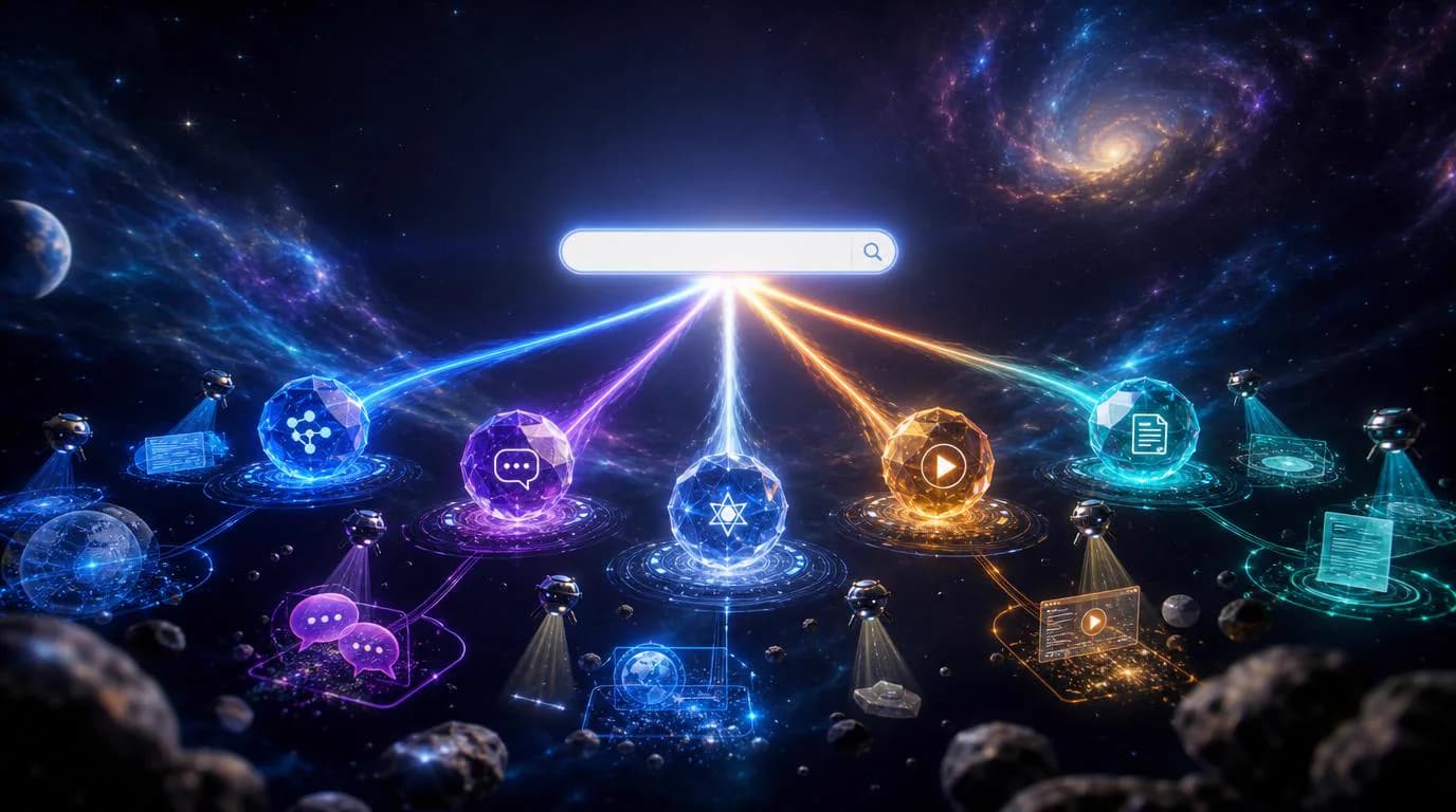 Is GEO just SEO 3D visualization — a classic search box splitting into five diverging light beams toward five distinct glowing AI engine orbs, each fed by different source nodes (encyclopedia, forum, video), information agent drones orbiting glowing website nodes, deep cosmic space backdrop with electric cyan, violet, and gold accents