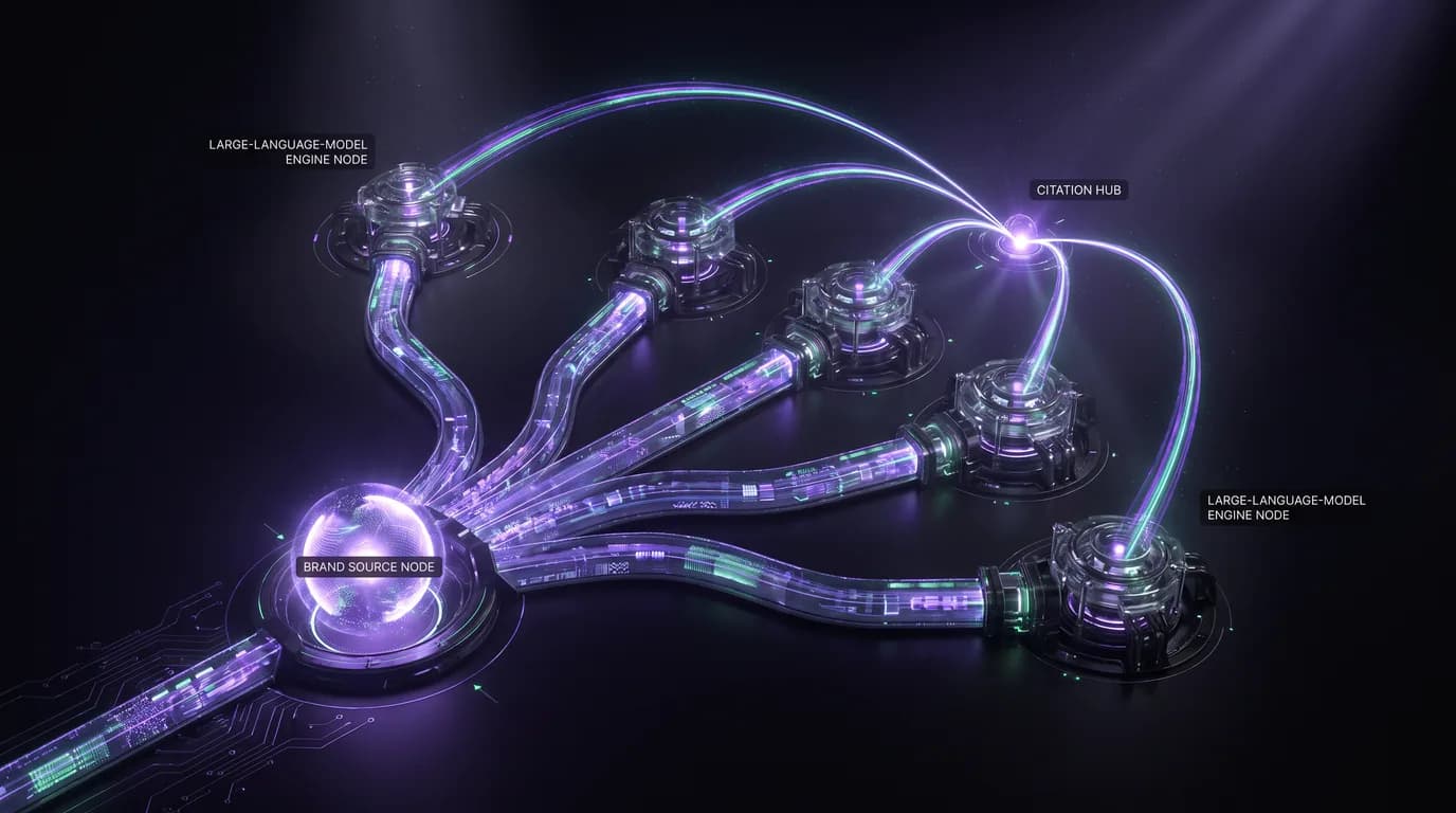 LLM SEO / LLMO — a 3D render of a brand source node feeding structured content into five large language model engines that emit citation beams, illustrating optimization for being cited by LLMs rather than ranked by search engines
