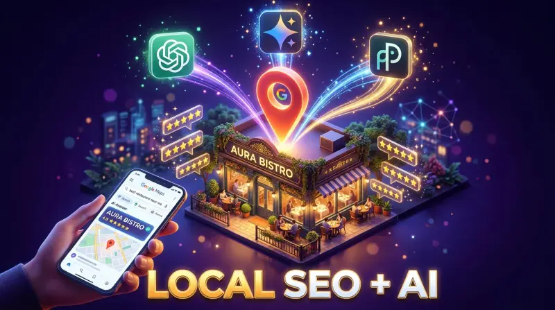 Local storefront with glowing Google Maps pin connected to AI engines — local SEO meets AI search